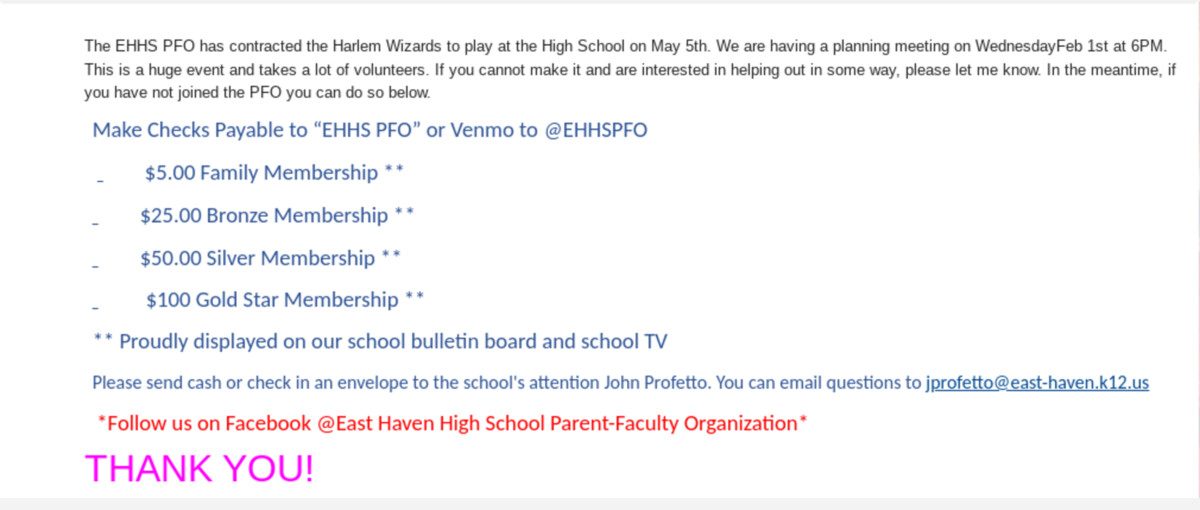 Mr. Profetto informing people of the Harlem WIzards event and trying to get new members for the PFO.