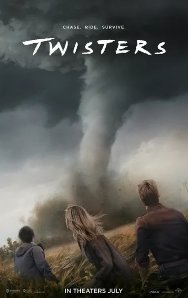 Movie poster for the film Twisters, including three people looking at a tornado