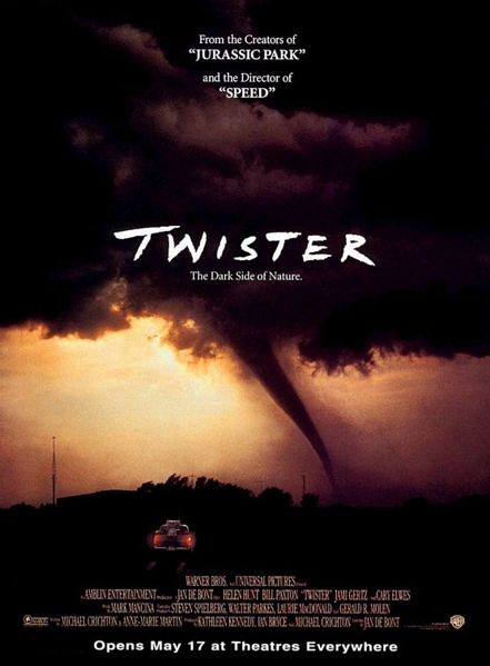 Movie poster for the film, Twister, including a tornado and the credits.