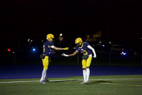 Two football players high fiving on a football field, celebrating, waring blue and yellow equipment. 