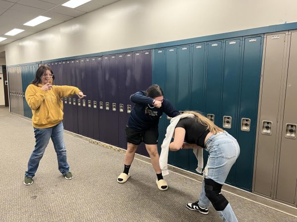 This photo features three people, Destiny wearing a yellow sweatshirt pointing to the right where two girls, the one of the left side wearing a blue East Haven basketball long-sleeve, black shorts, and tan slides with black socks. The girl on the right has a light gray hoodie over her head, a black shirt, light wash jeans, black and white shoes and a knee brace is bent over getting her hair pulled. The girl on the left is holding onto the hair of the girl on the right and has her fist up.