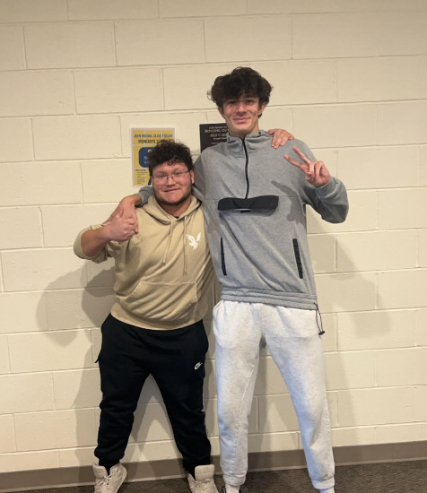 Nicolas Balseiro and Anthony Fazio outside of Mrs. Martin's classroom where they take their CNA class